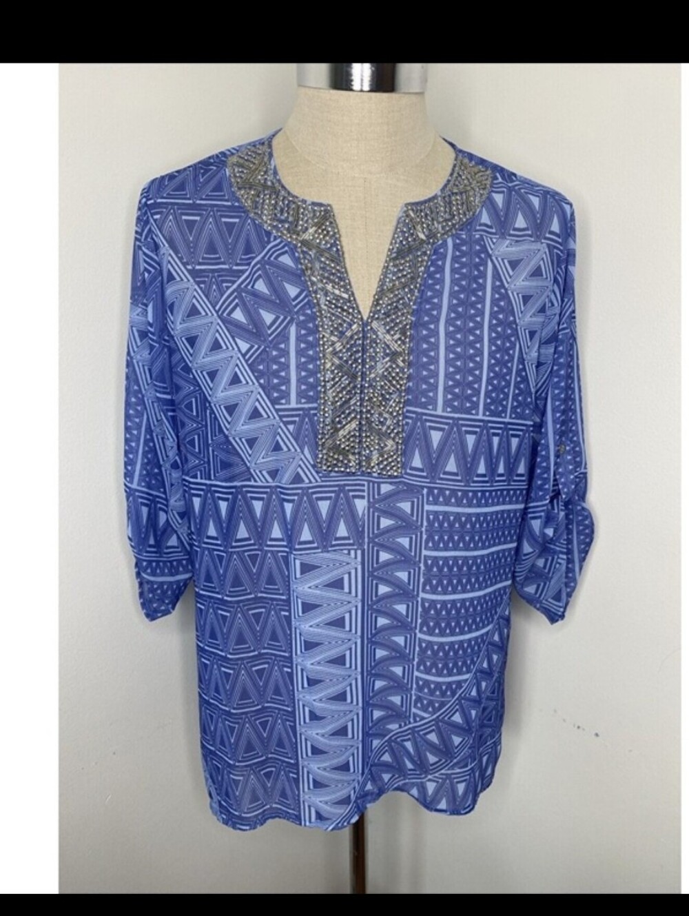 Chico's Blue Geometric Beaded V-Neck Tunic